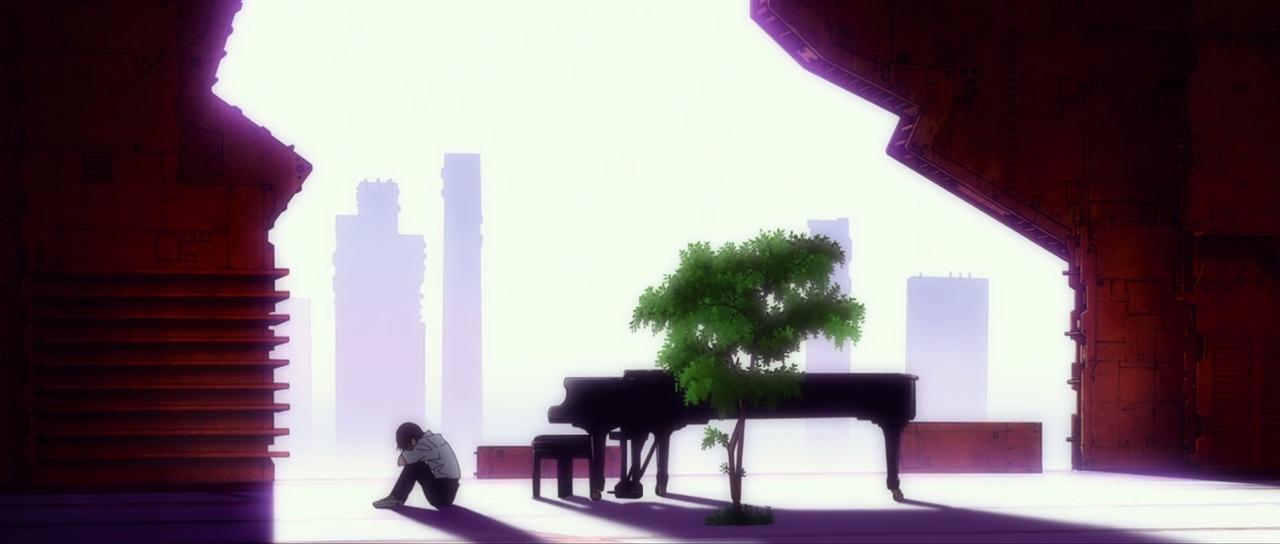Синдзи Икари сидит рядом с роялем в кустах